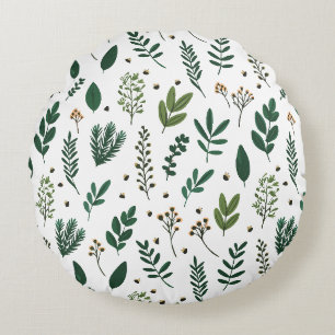 Lush Green Leaves And Flowers on White Round Cushion