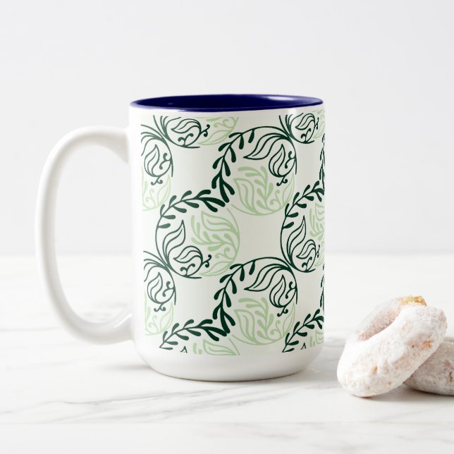 Lush Green Leaves And Vines Pattern Two-Tone Coffee Mug (With Donut)