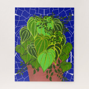 Lush Green Leaves in Terra Cotta on Blue Mosaic Jigsaw Puzzle