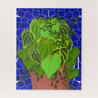Lush Green Leaves in Terra Cotta on Blue Mosaic Jigsaw Puzzle