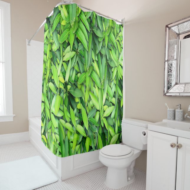 Lush Green Leaves Pattern – Nature Botanical  Shower Curtain (In Situ)