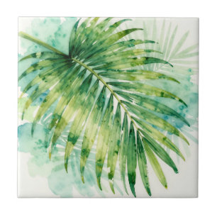 Lush Green Palm Frond Watercolor Tropical Ceramic Tile