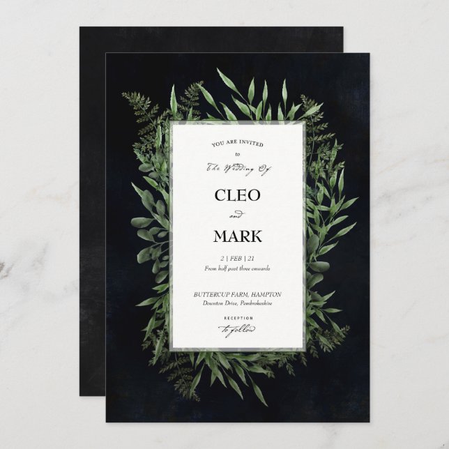 Lush Green Wreath Midnight moody Wedding Invitation (Front/Back)