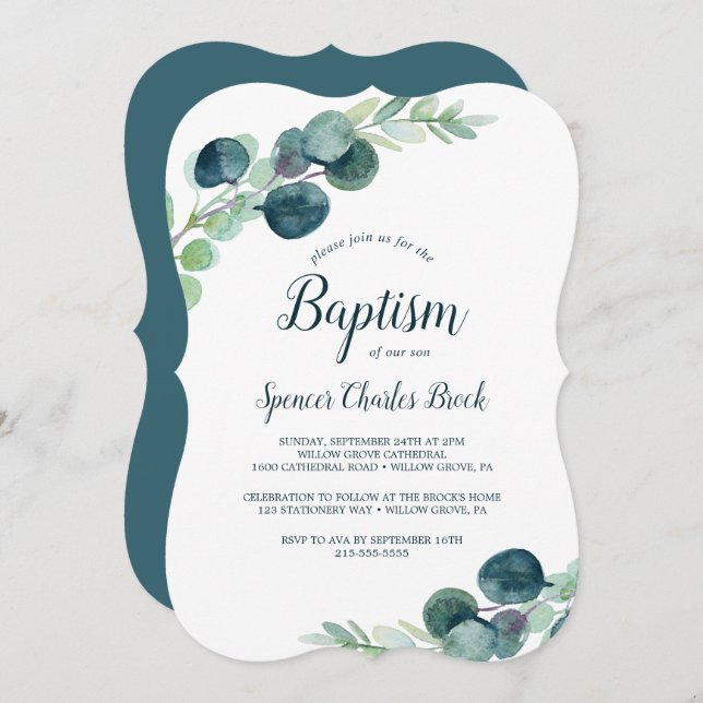 Lush Greenery and Eucalyptus Baptism Invitation (Front/Back)