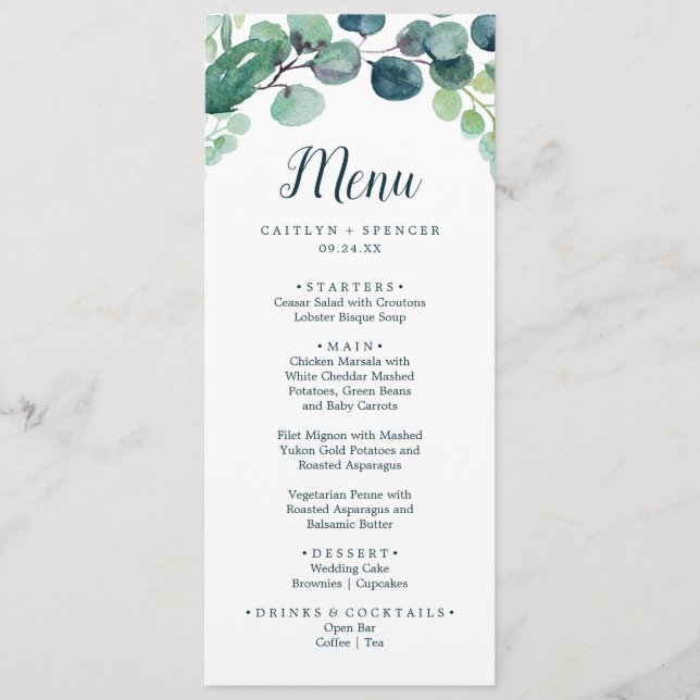 Lush Greenery and Eucalyptus Wedding Dinner Menu (Front)