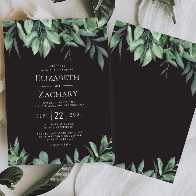 Lush Greenery Border Black Wedding Invitation (Creator Uploaded)