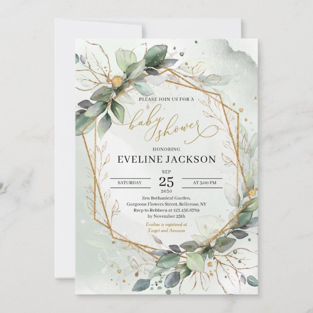 Lush greenery eucalyptus and faux gold baby shower invitation (Front)