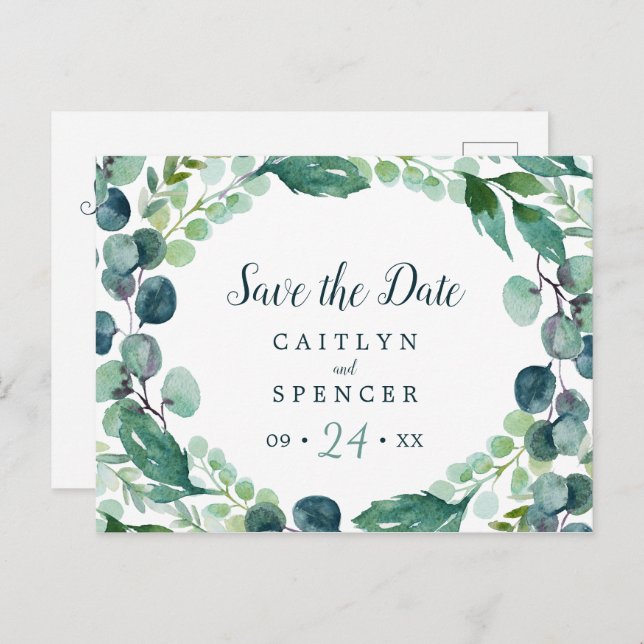 Lush Greenery & Eucalyptus Save the Date Postcard (Front/Back)
