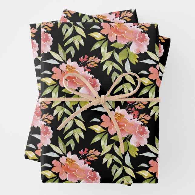 Lush Greenery Floral on Black Wrapping Paper Sheet (In situ)
