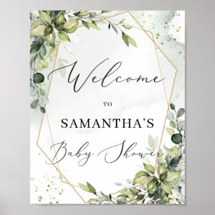 Lush greenery foliage gold frame baby welcome sign
