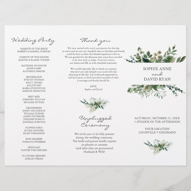 Lush Greenery Frame Tri+Fold Wedding Program Flyer (Front)