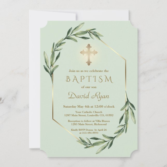 Lush Greenery Gold Cross Boy Baptism Invitation (Front)