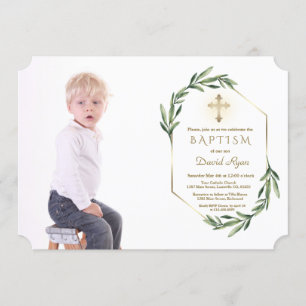 Lush Greenery Gold Cross Boy Photo Baptism Invitation