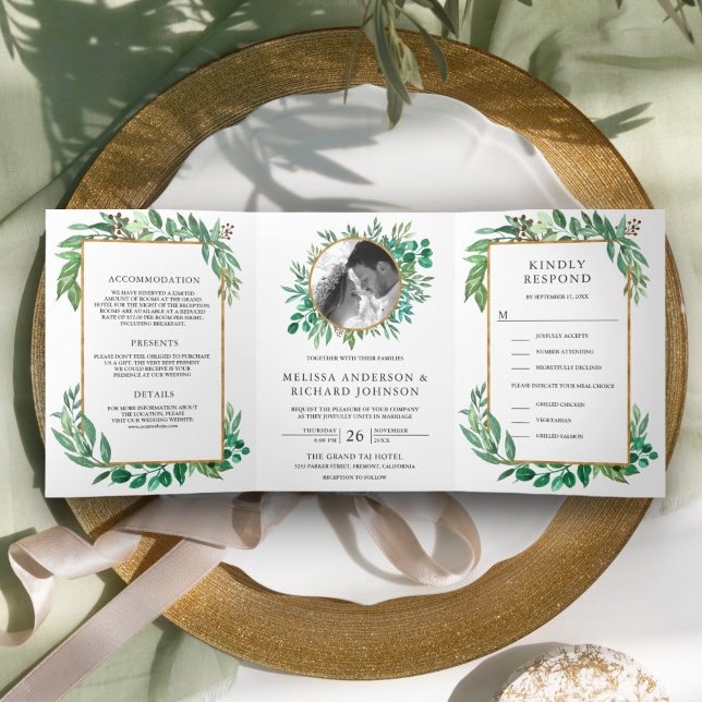 Lush Greenery Leaves Gold Frame All in One Wedding Tri-Fold Invitation (Creator Uploaded)