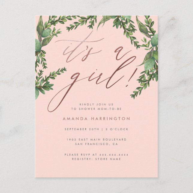 Lush Greenery Rose Gold It's A Girl Baby Shower Invitation Postcard (Front)