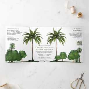 Lush Greenery Tropical Palm Tree QR Code Wedding Tri-Fold Invitation