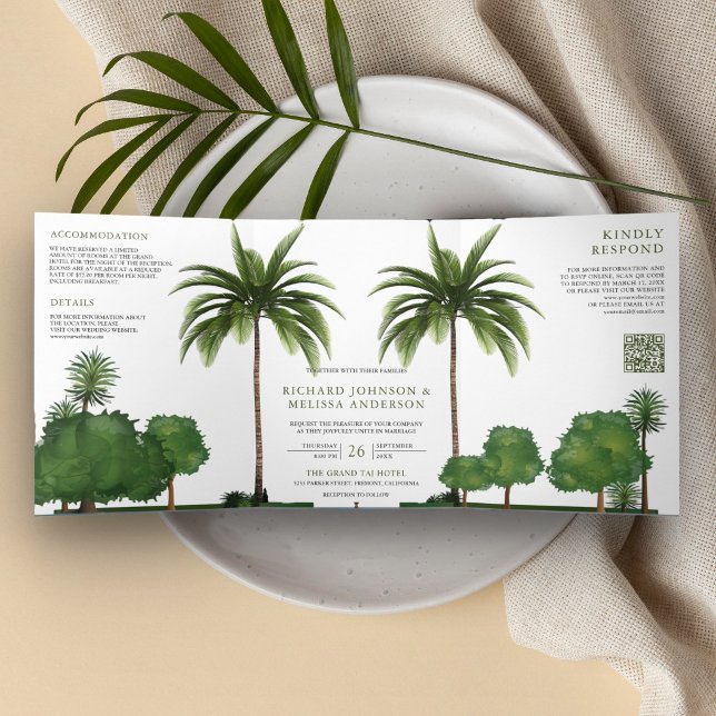 Lush Greenery Tropical Palm Tree QR Code Wedding Tri-Fold Invitation (Creator Uploaded)