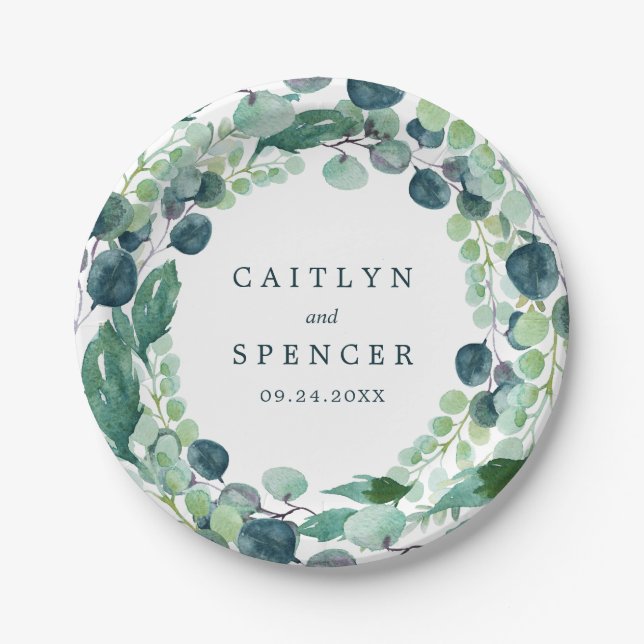Lush Greenery Wreath Wedding Reception Paper Plate (Front)