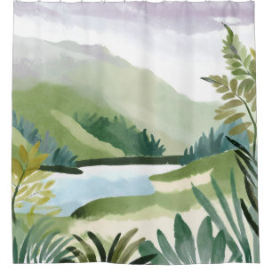 Lush Hillside Green Watercolor Nature Painting Shower Curtain