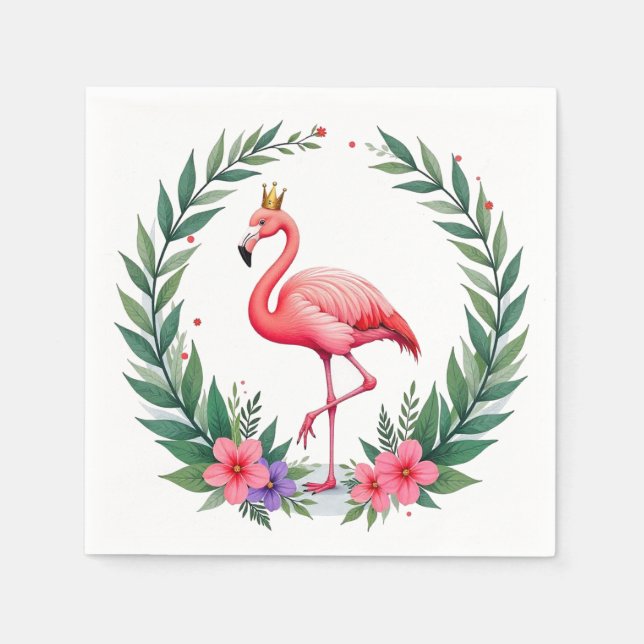 Lush Leafy | Elegant Pink Flamingo Crown Tropical Napkin (Front)