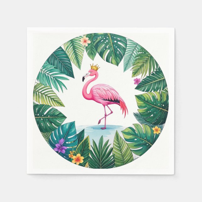 Lush Leafy | Elegant Pink Flamingo Crown Tropical Napkin (Front)