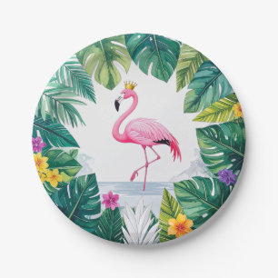 Lush Leafy   Elegant Pink Flamingo Crown Tropical Paper Plate