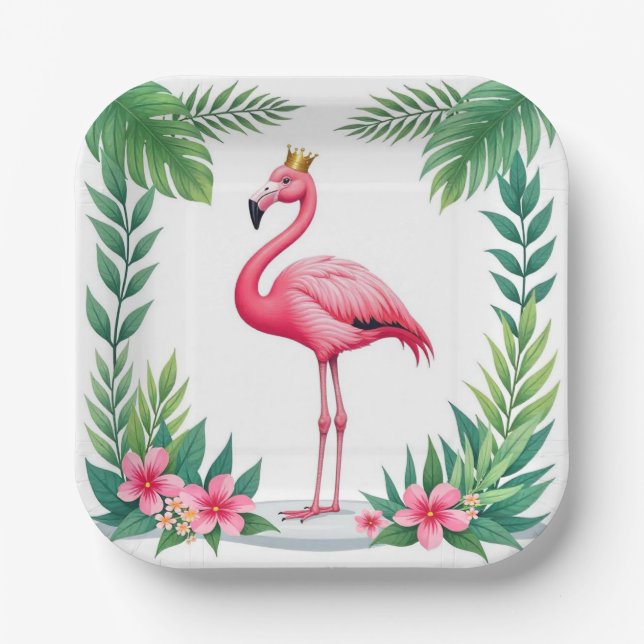 Lush Leafy | Elegant Pink Flamingo Crown Tropical Paper Plate (Front)