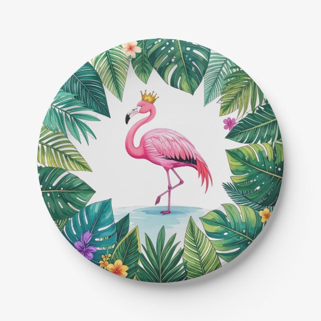 Lush Leafy | Elegant Pink Flamingo Crown Tropical Paper Plate (Front)