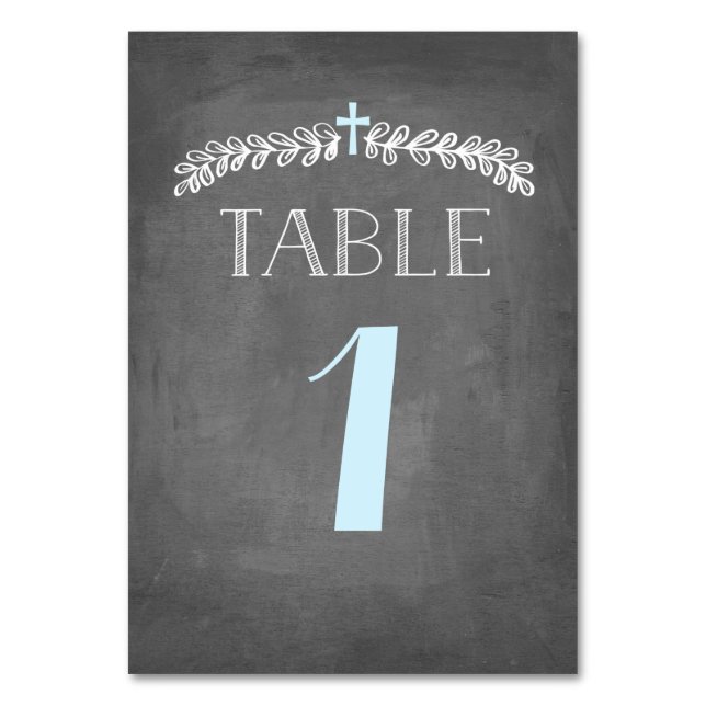 Lush Leaves  Blue | Baptism Table Number Card (Front)