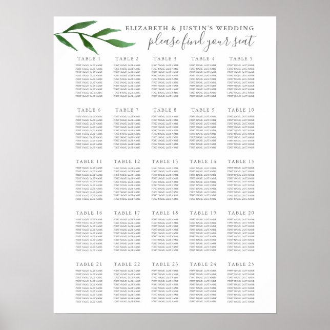 Lush Leaves Elegant 25 Table Wedding Seating Chart (Front)