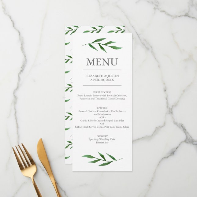 Lush Leaves Elegant Watercolor Wedding Menu (Front/Back In Situ)