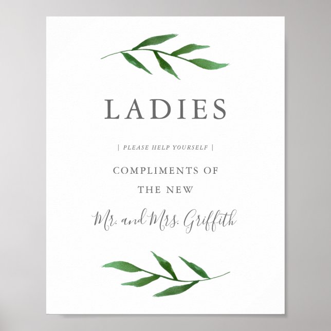 Lush Leaves Elegant Wedding Bathroom Sign - Ladies (Front)