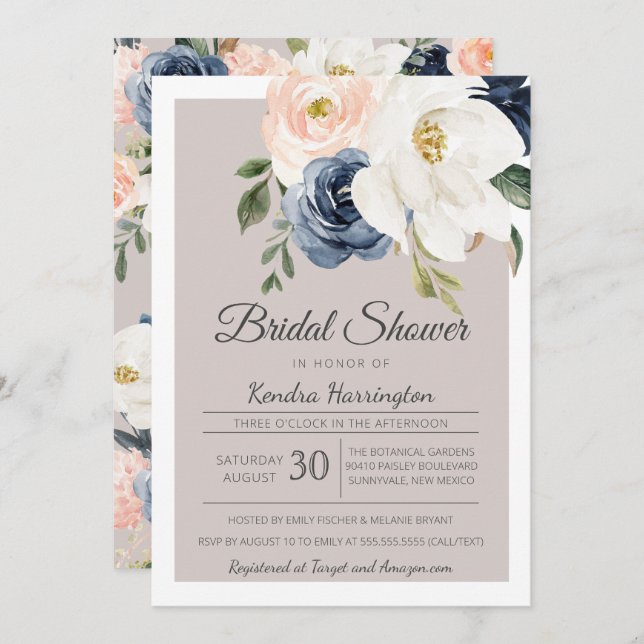 Lush Magnolia Rose Grey Navy & Blush Bridal Shower Invitation (Front/Back)