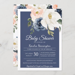 Lush Magnolia Rose Navy Blue & Blush Baby Shower Invitation