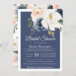 Lush Magnolia Rose Navy Blue & Blush Bridal Shower Invitation