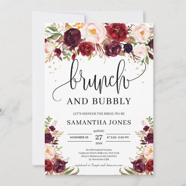 Lush marsala burgundy floral brunch and bubbly invitation (Front)