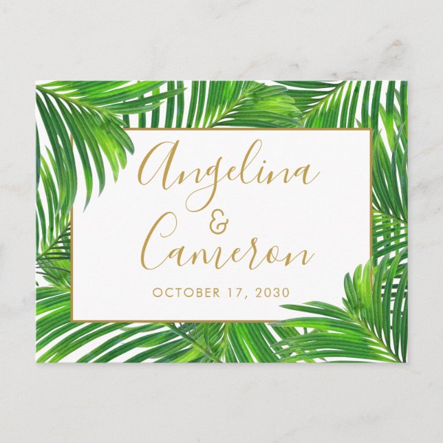Lush Modern Tropical Palm Leaves Save the Date Postcard (Front)