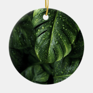 Lush Monstera Leaves with Morning Dew Drops Ceramic Ornament