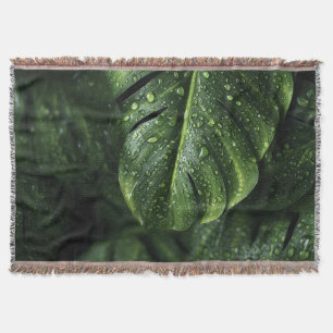 Lush Monstera Leaves with Morning Dew Drops Throw Blanket