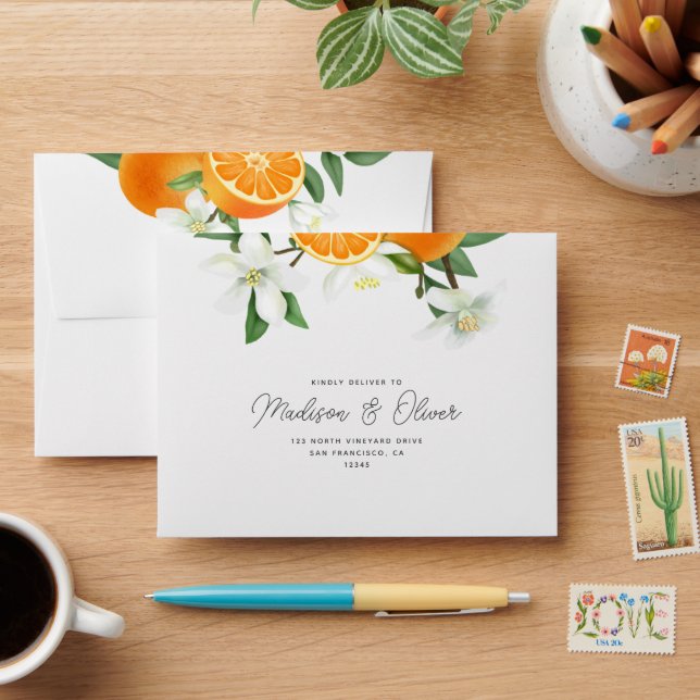 Lush Orange Blossom Greenery Wedding RSVP Envelope (Desk)