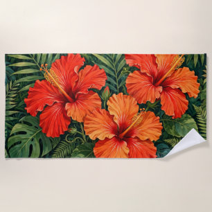 Lush Orange Hibiscus Jungle Flowers Tropical Beach Towel