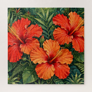 Lush Orange Hibiscus Jungle Flowers Tropical Jigsaw Puzzle