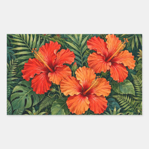 Lush Orange Hibiscus Jungle Flowers Tropical Rectangular Sticker
