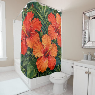 Lush Orange Hibiscus Jungle Flowers Tropical Shower Curtain