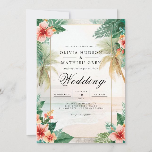 Lush Palm Floral Beach Wedding Invitation (Front)