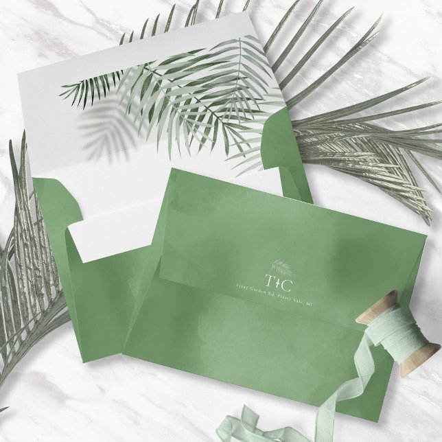 Lush Palm Leaf Wedding Moss Green ID956 Envelope (Interior/Back In Situ)