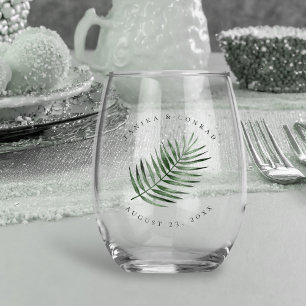 Lush Palm Leaf Wedding Moss Green ID956 Stemless Wine Glass