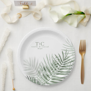 Lush Palm Leaf Wedding Moss Green/Wht ID956 Paper Plate