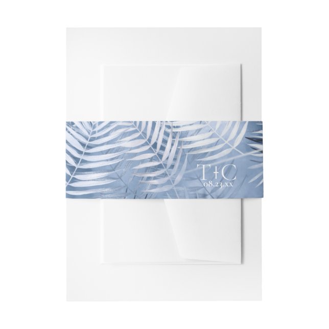 Lush Palm Leaf Wedding Pattern Blue ID956 Invitation Belly Band (Front Example)