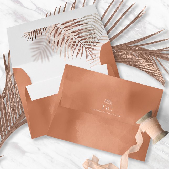 Lush Palm Leaf Wedding Terra Cotta ID956 Envelope (Interior/Back In Situ)
